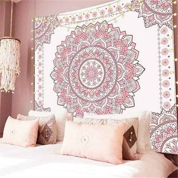 Boho Pink Mandala Wall Tapestry Floral Dorm Room Decor for Teen Girls Bedroom - Picture 8 of 8